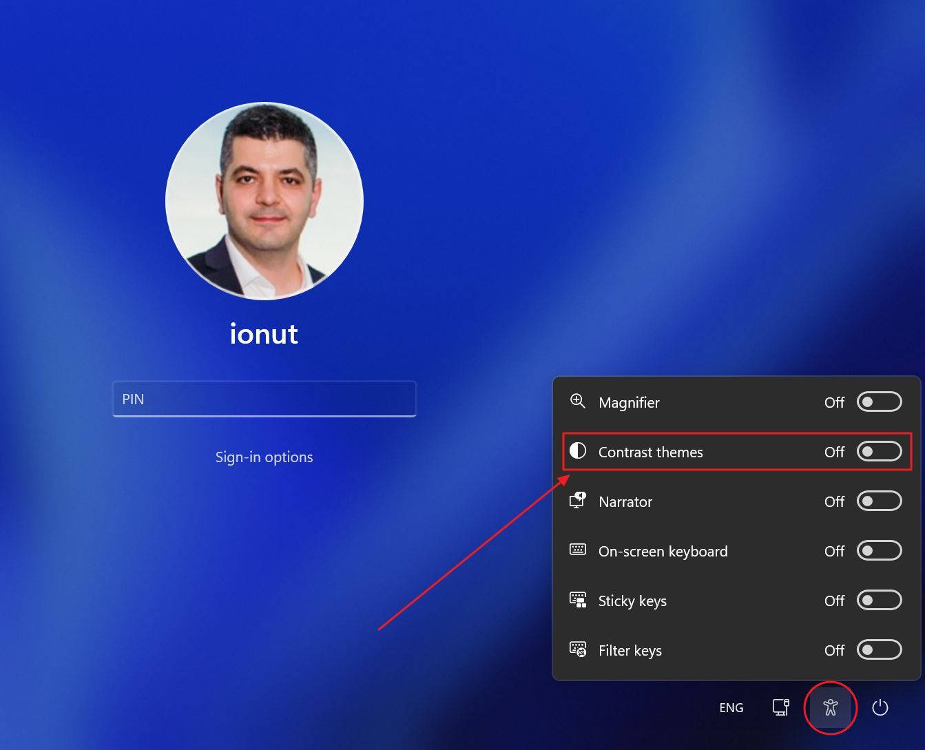 windows oturum açma ekranı erişilebilirlik ayarları kontrast temaları