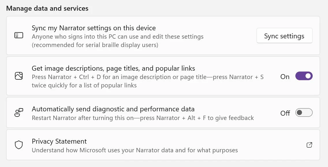 windows narrator manage data and services