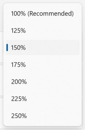 windows scaling percentage options
