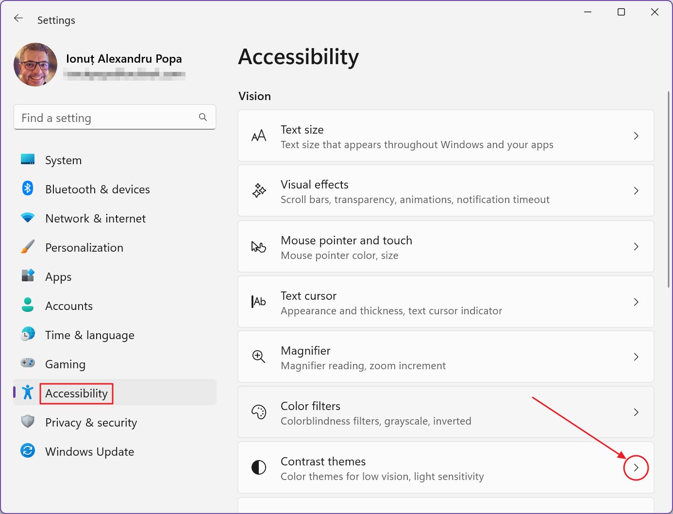 windows settings accesibility contrast themes