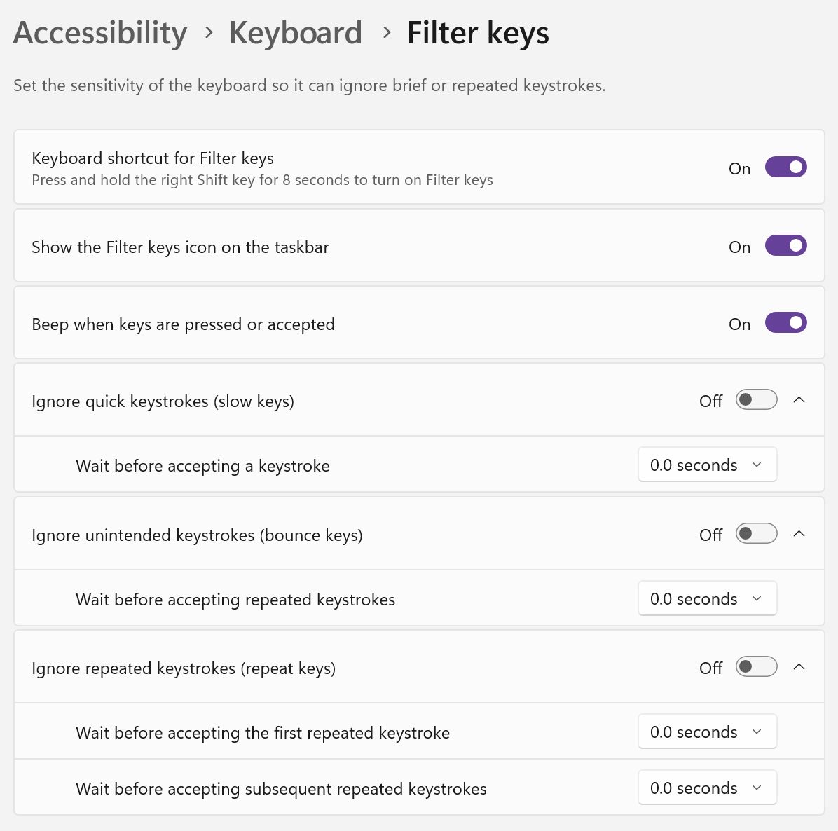 definições do windows acessibilidade teclas de filtro do teclado