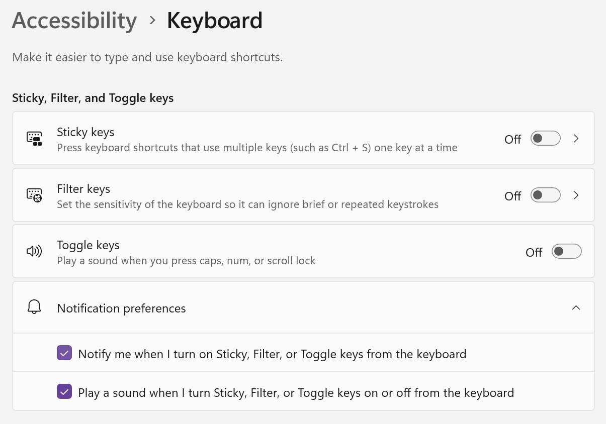 windows settings accessibility keyboard sticky filter toggle keys