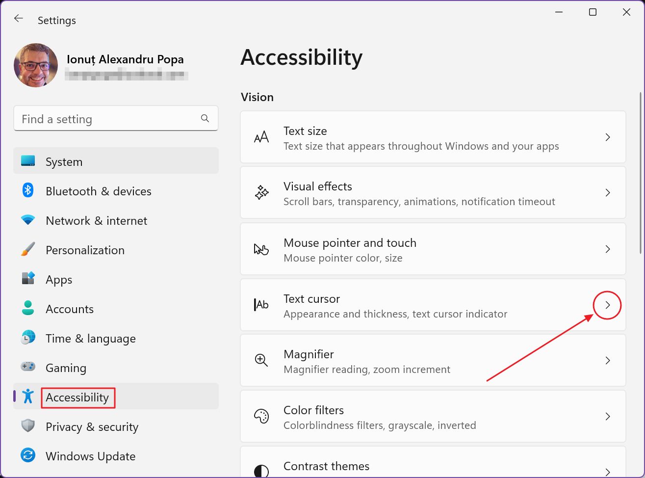 windows settings accessibility text cursor