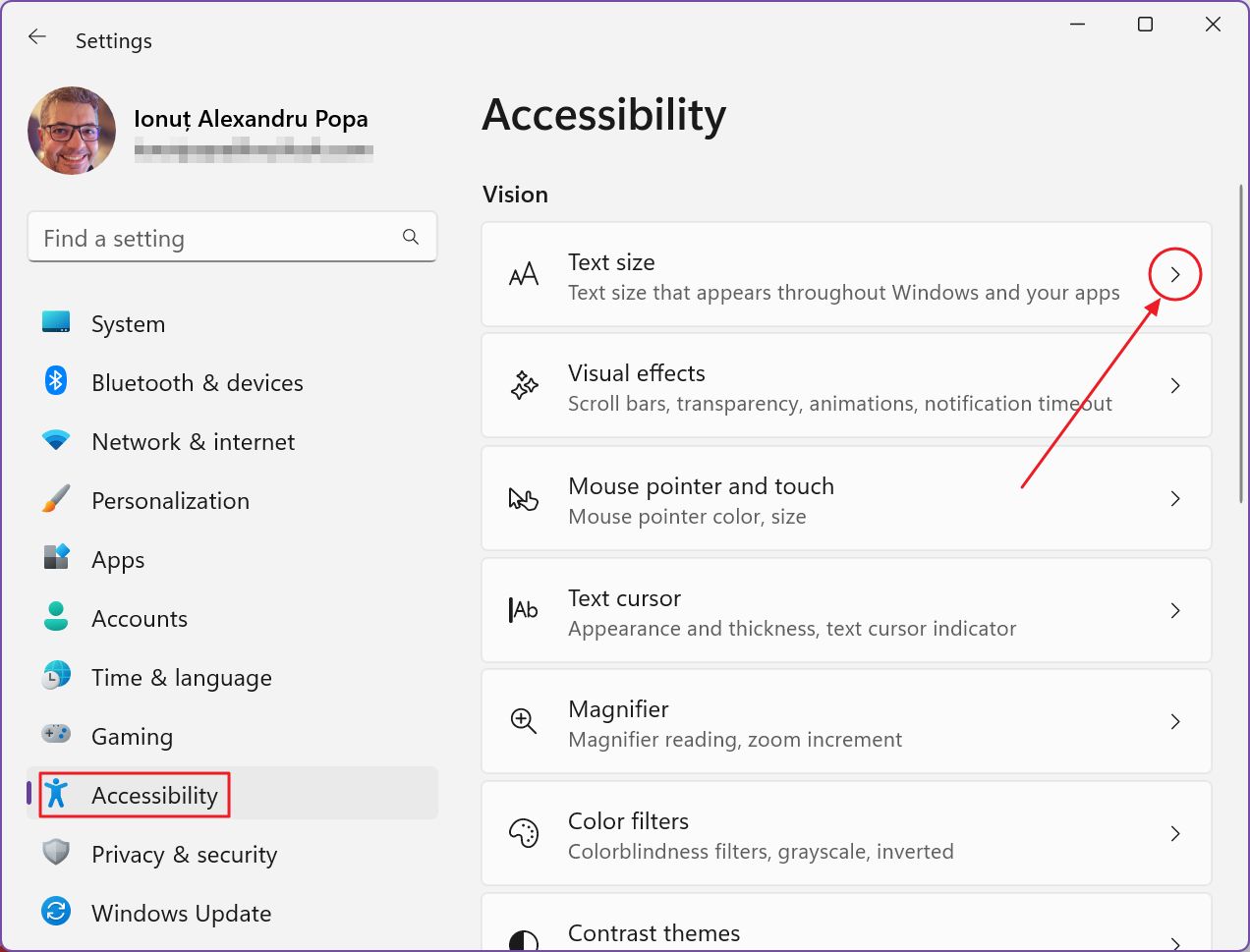 windows settings accessibility text size