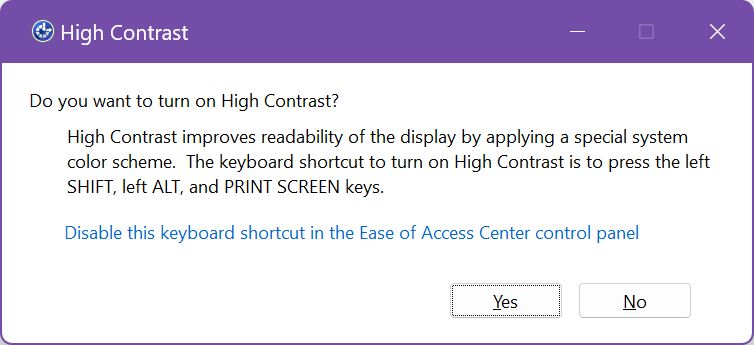 windows quiere activar el mensaje emergente de alto contraste