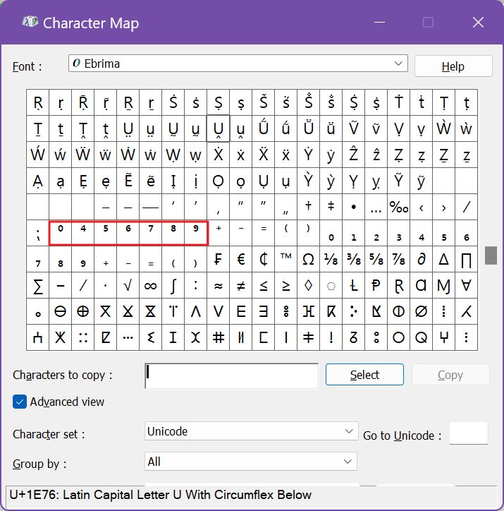 character map superscript numbers