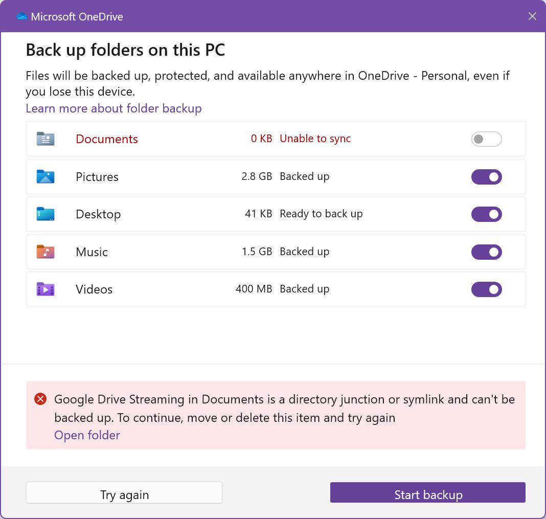 onedrive folder backup toggles