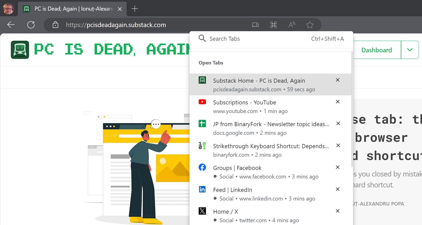 edge'de açık sekme listesini arama