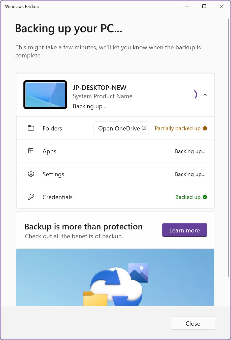 windows backup app backing up details