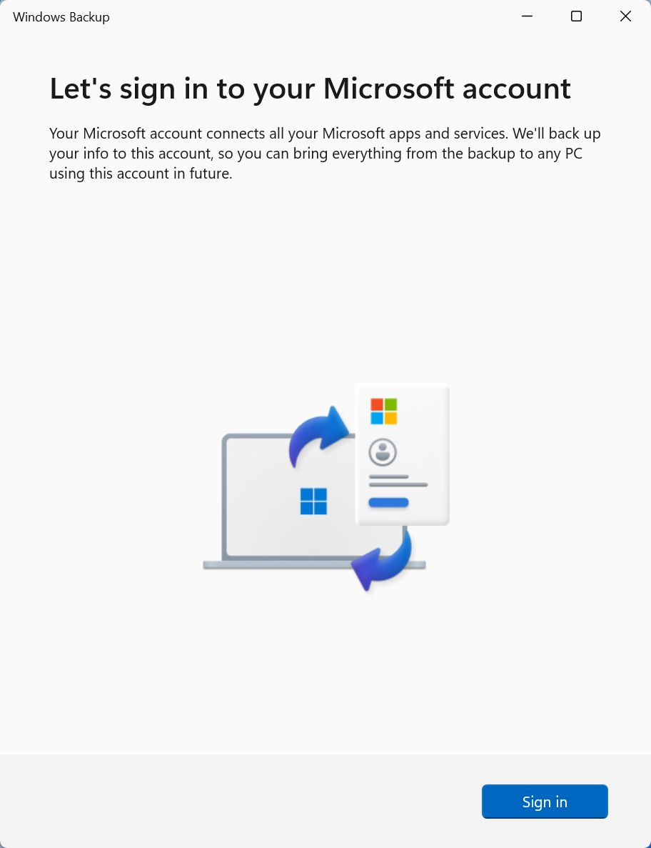 Windows 备份让您登录到您的 Microsoft 帐户