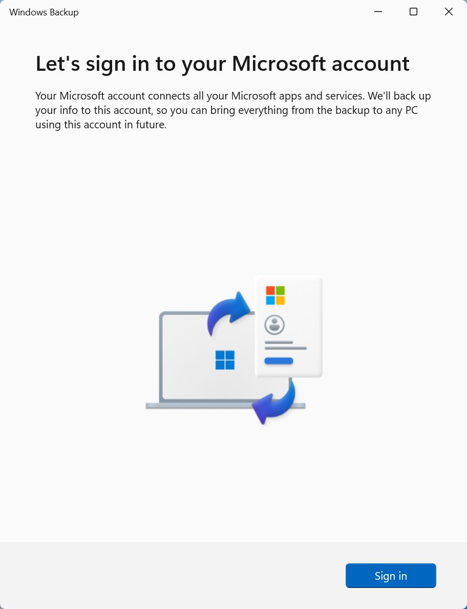 windowsバックアップでは、マイクロソフトアカウントにサインインできる