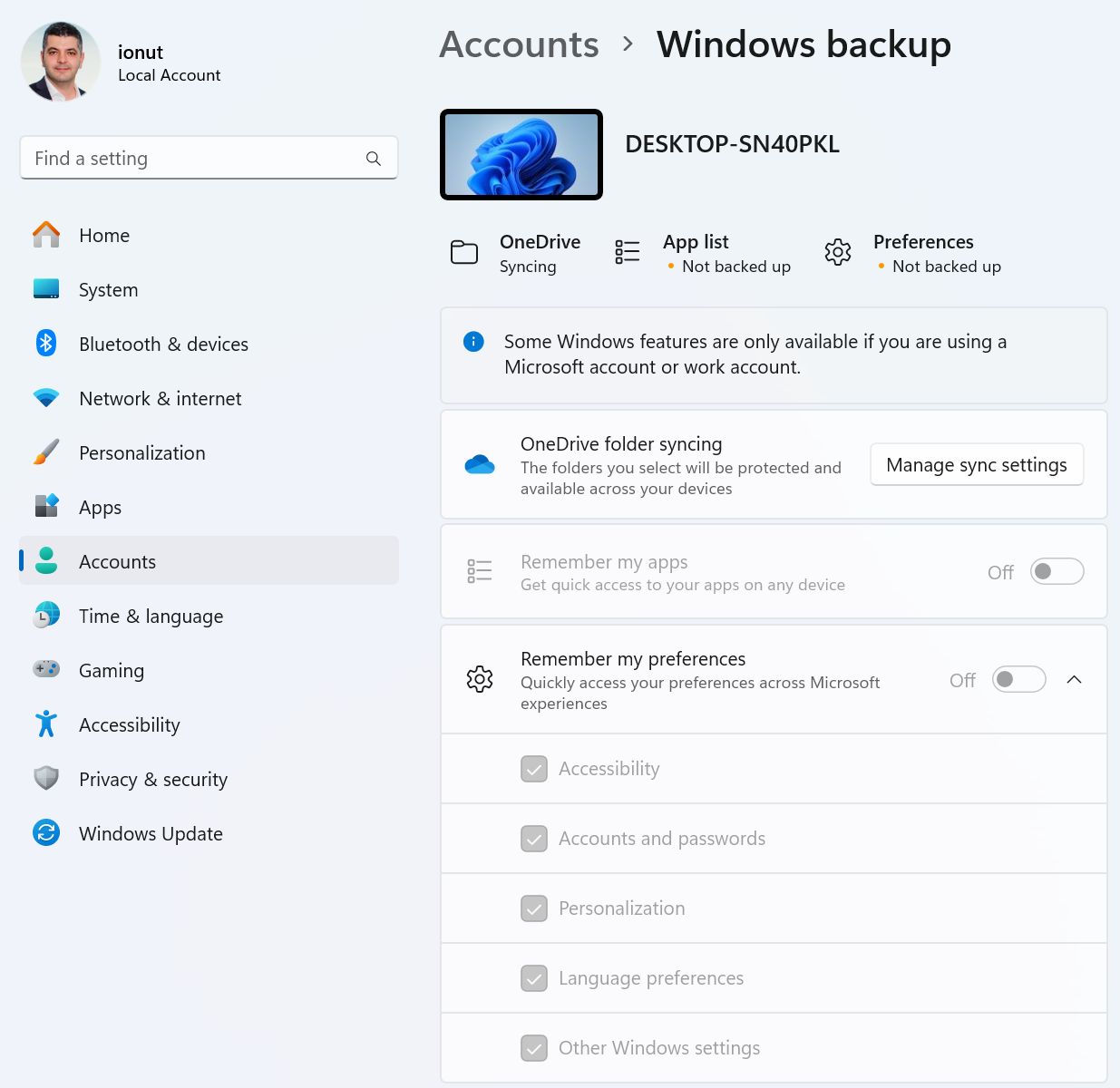 windows backup settings need online account