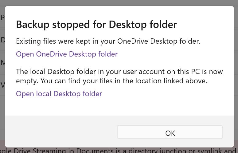 windows backup stopped for desktop folder