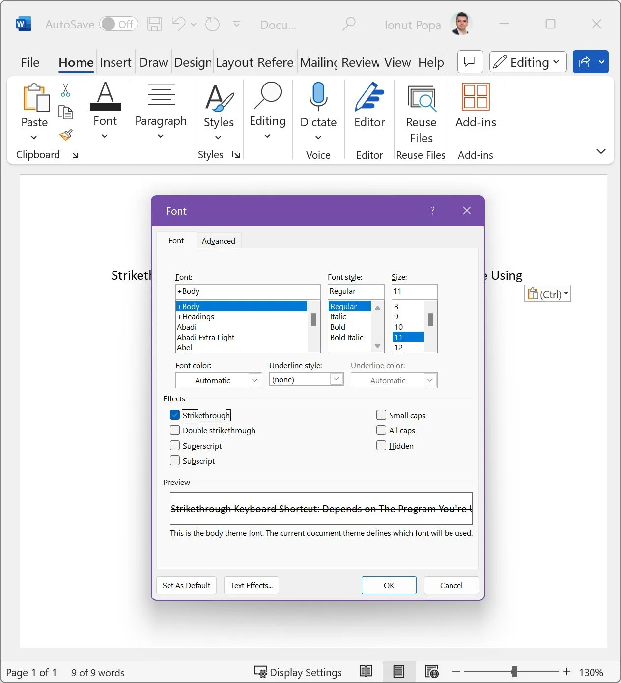 finestra di dialogo del formato di testo word barrato