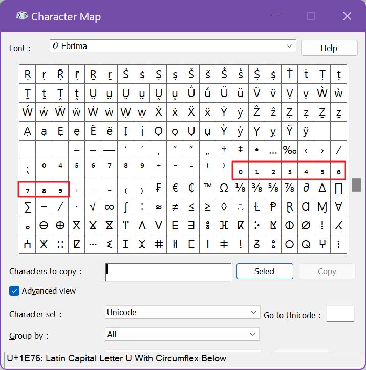 character map subscript numbers