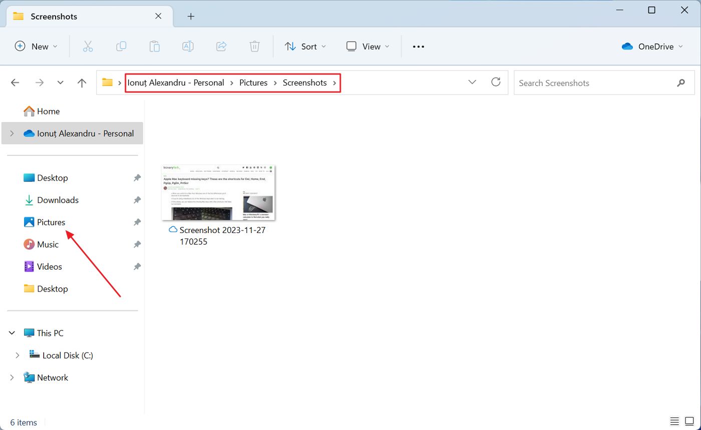 onedrive pictures screnshots save folder