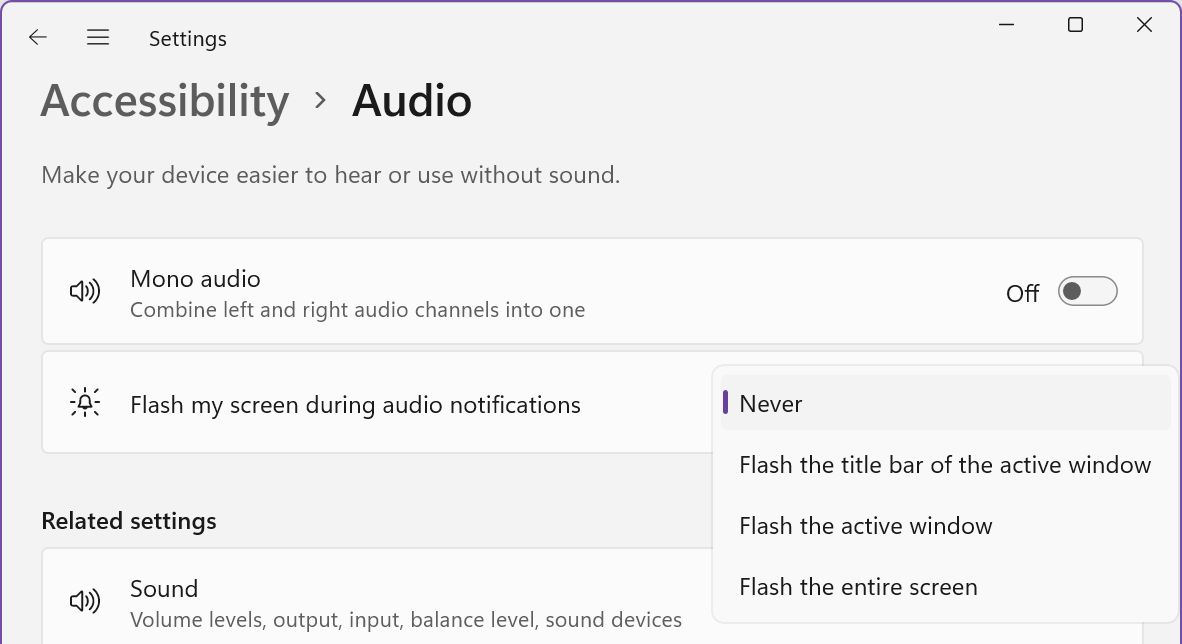 windows accessibility settings audio mono and flash screen during notifications