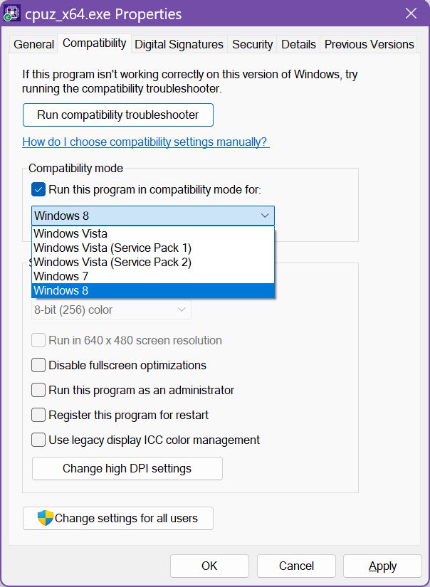 windows software compatibility options