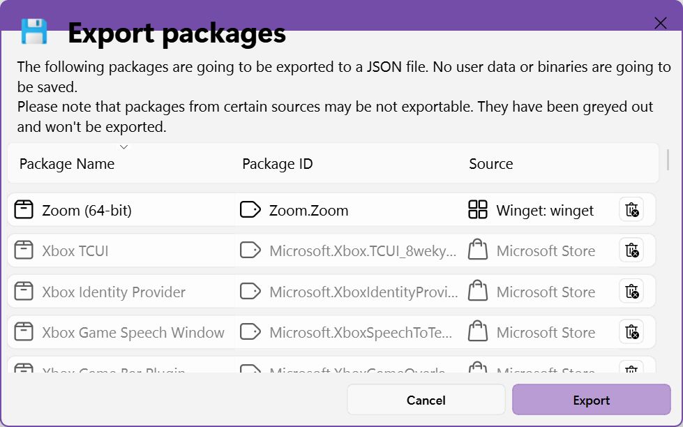wingetui esporta il file json dei pacchetti