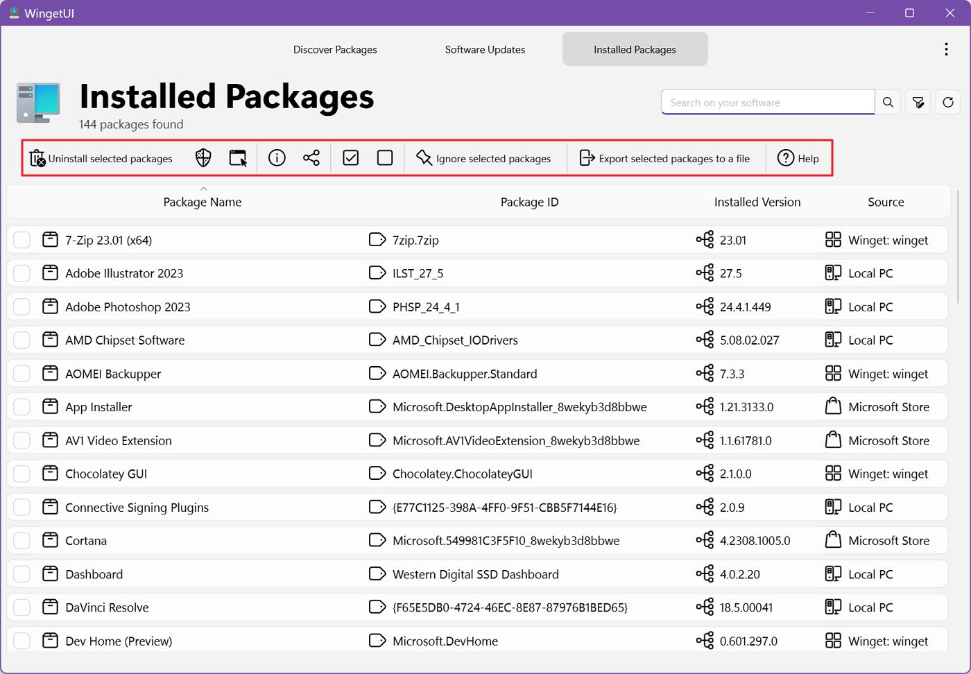 wingetui paquets installés