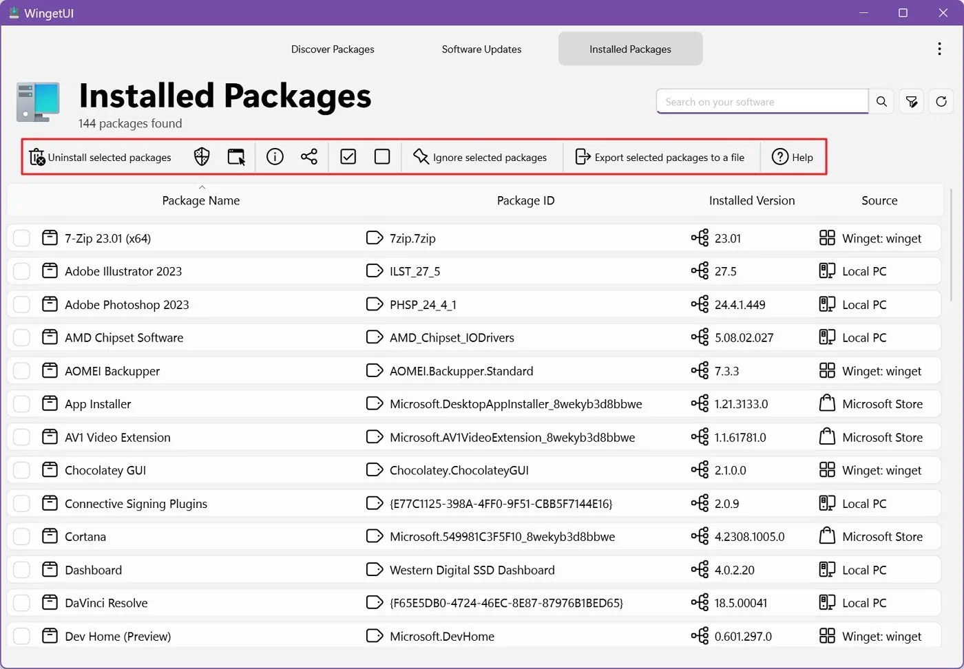 wingetui installed packages
