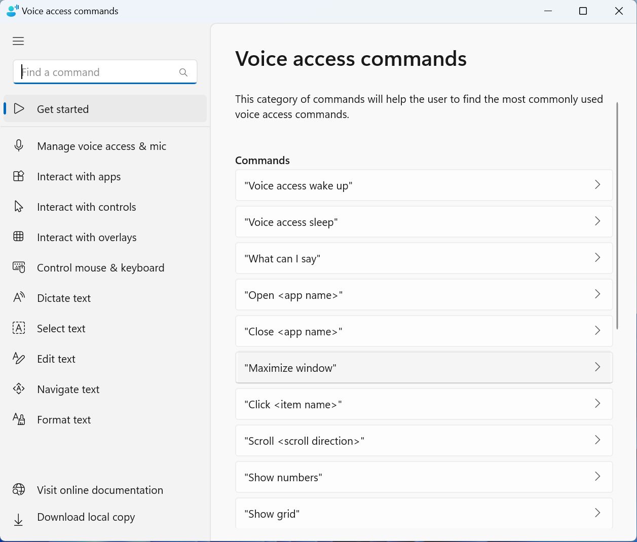 voice access commands list