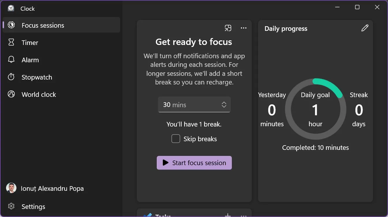 windows clock app focus sessions