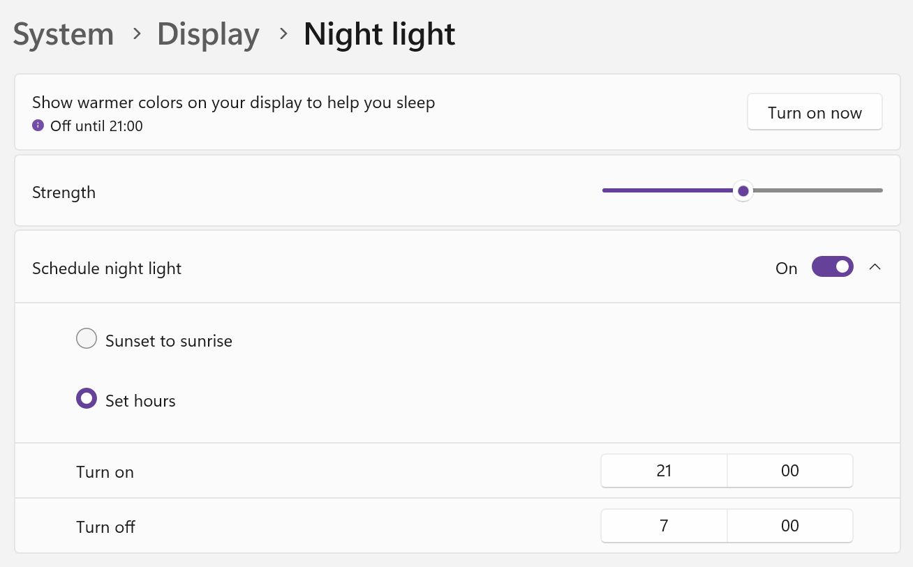 windows night light settings set hours schedule
