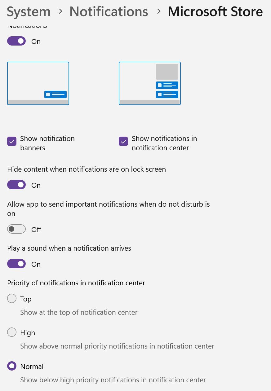 windows notification settings per app basis