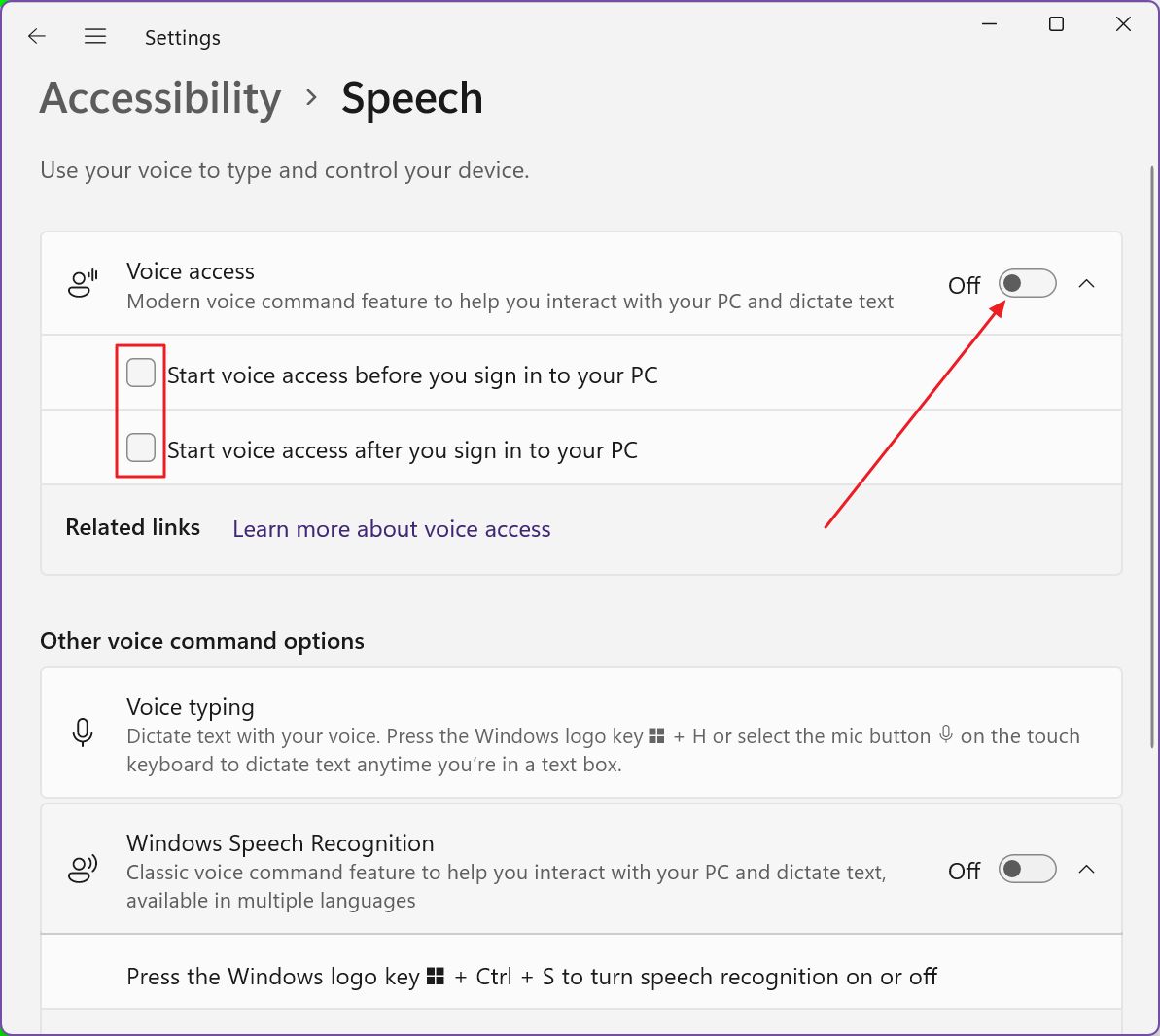 windows settings acccesibility turn on voice access