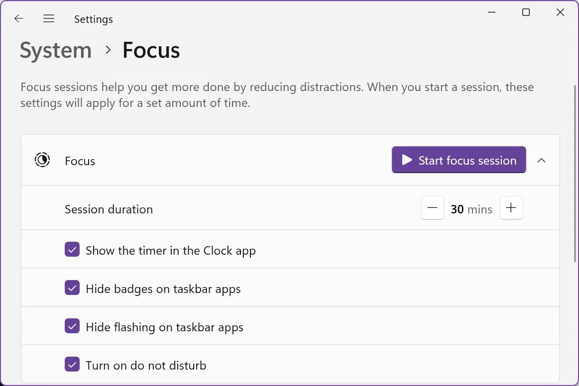 windows settings focus sessions options