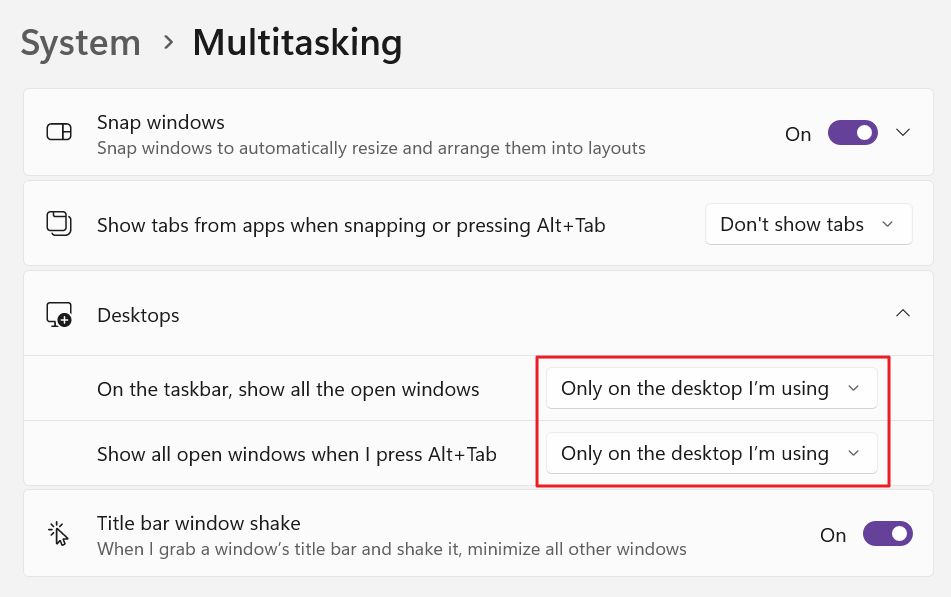 Windows-Einstellungen Multitasking-Desktops