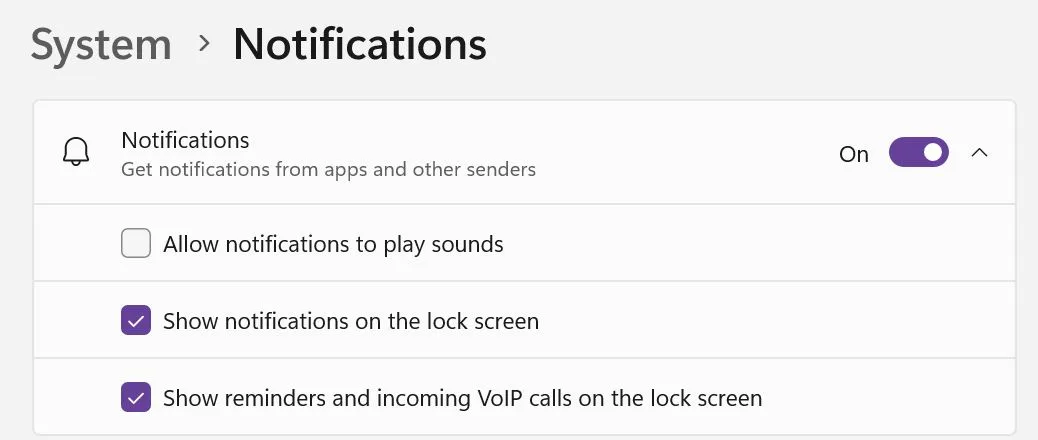 windows settings notifications from apps options