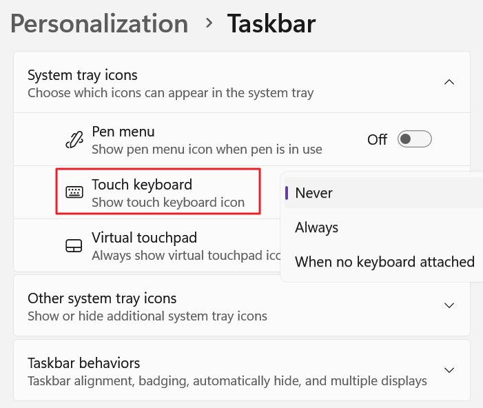 windows settings personalization taskbar touch keyboard icon