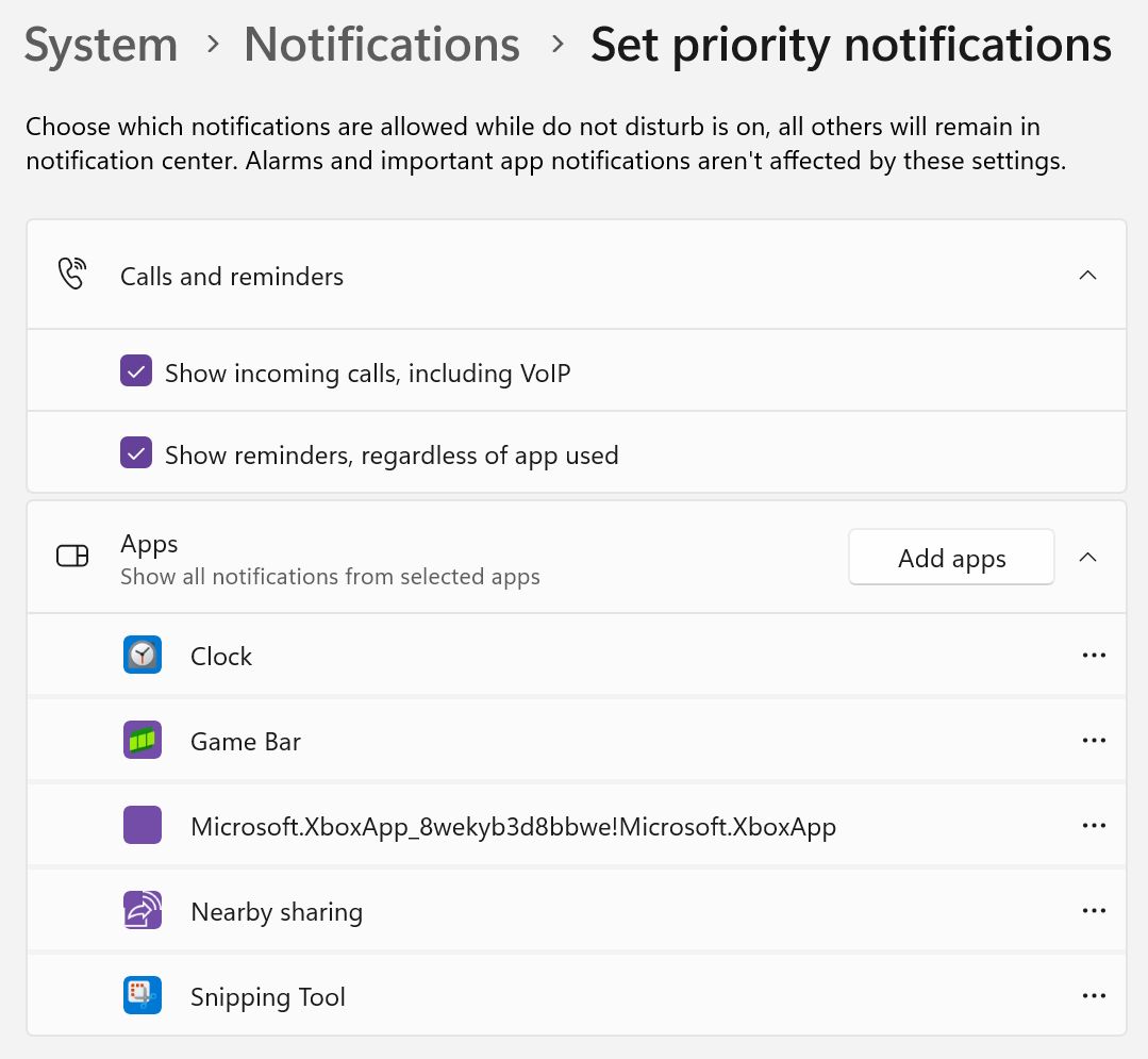 windows settings set priority notifications