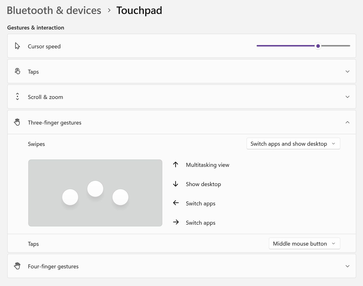 windows settings touchpad gestures and interactions