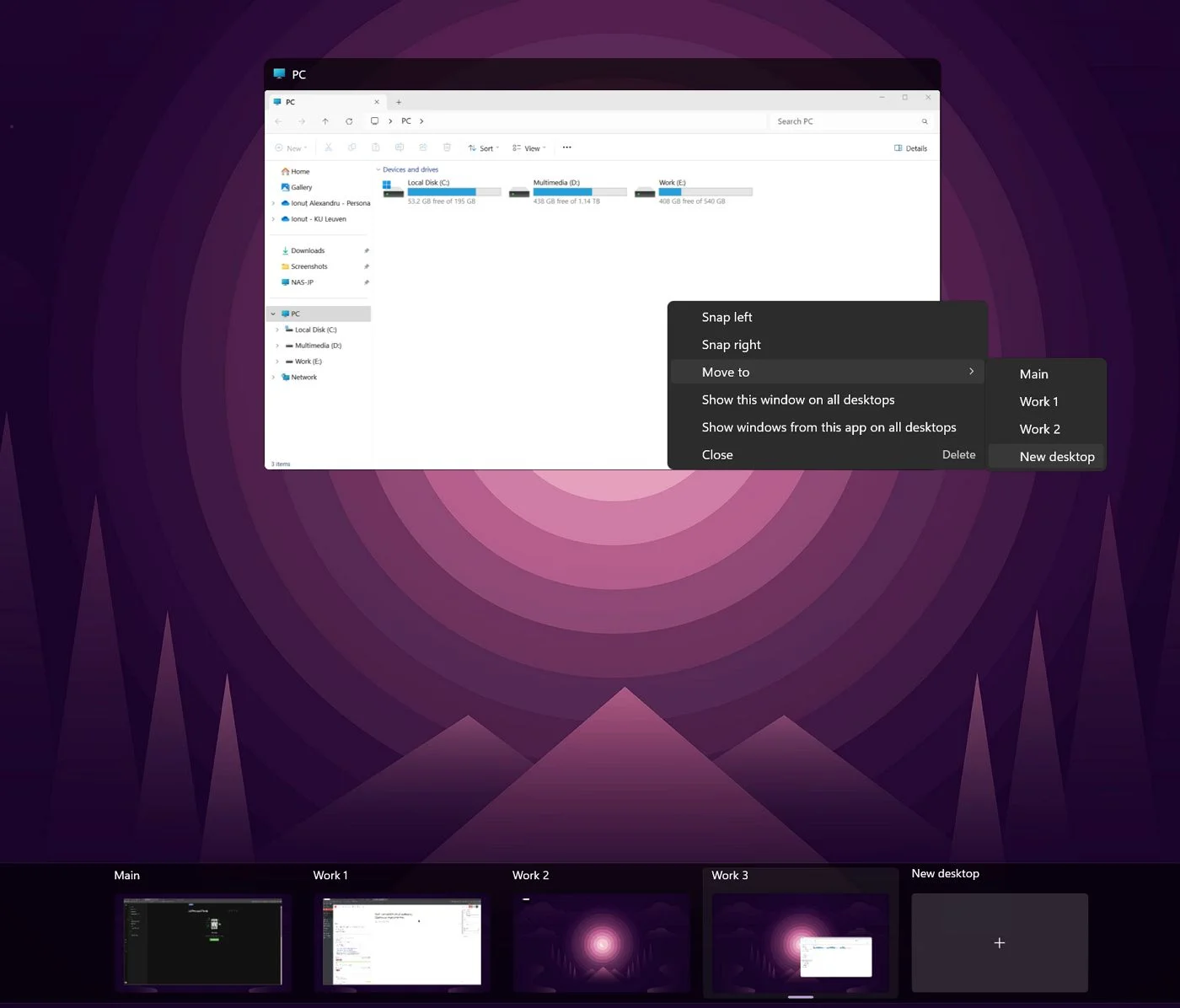 windows virtual desktops app contextual menu