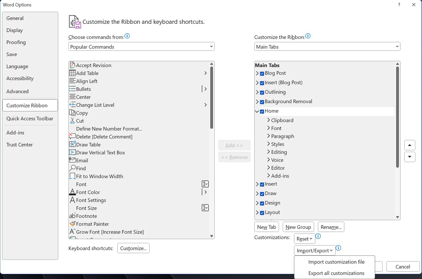 word import export curtomized ribbon and keyboard shortcut
