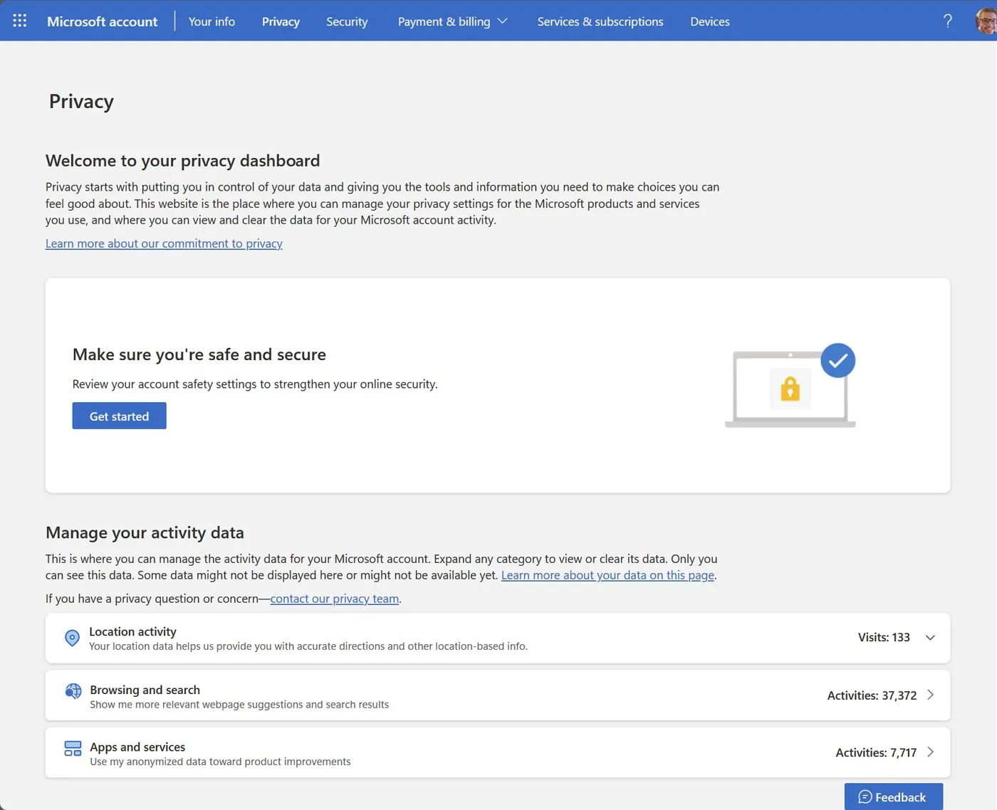 マイクロソフト・プライバシー・ダッシュボードのウェブサイト