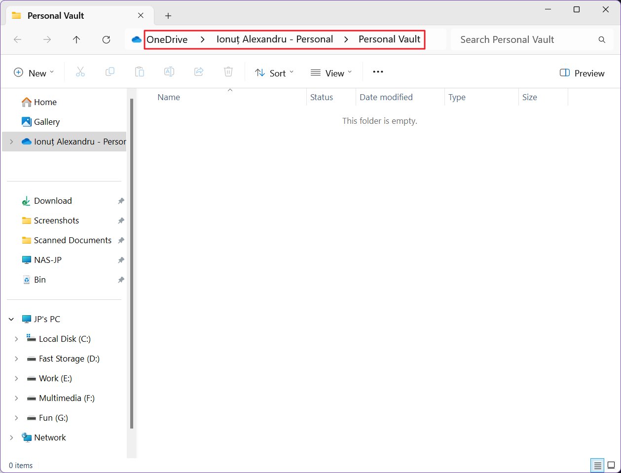 contenuti del caveau personale di onedrive desktop