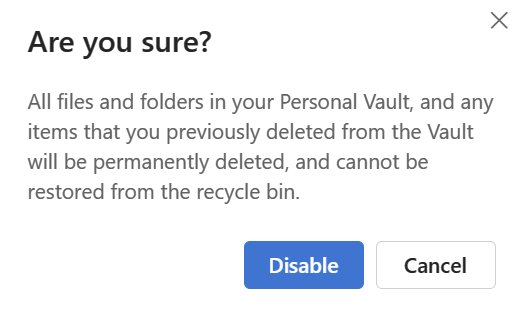 onedrive disable personal vault lose everything second warning