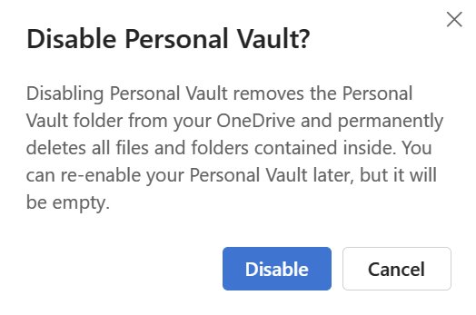 onedrive disable personal vault lose everything
