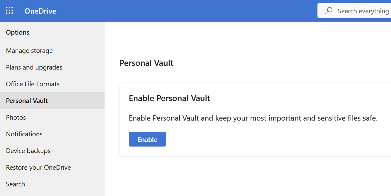 onedrive web settings enable personal vault