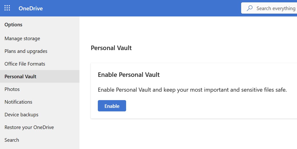 la configuración web de onedrive habilita la bóveda personal