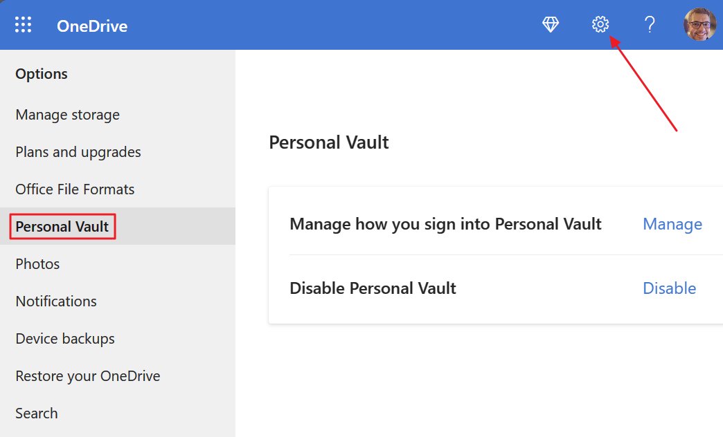 impostazioni web di onedrive, caveau personale