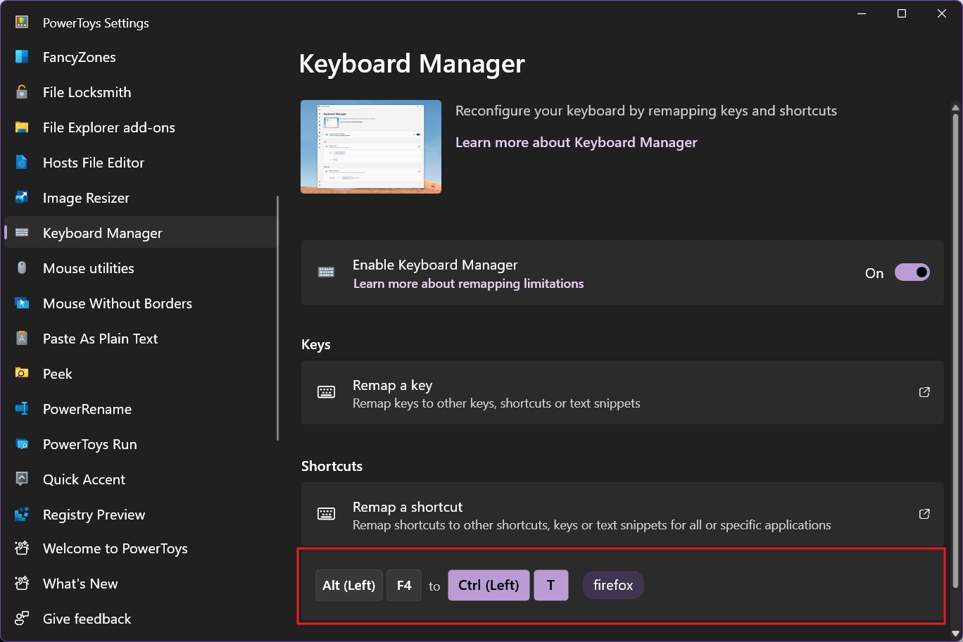 powertoys keyboard manager lista de atajos remapeados y apps asignadas