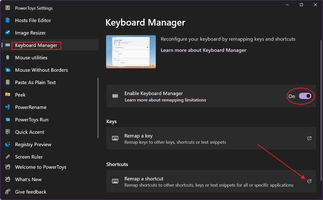 powertoys keyboard manager remap a shortcut