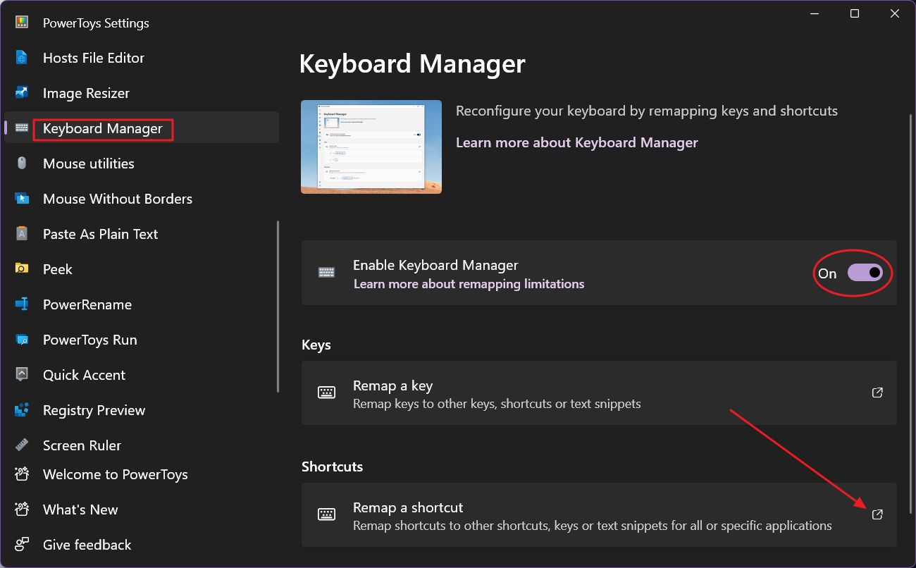 powertoys keyboard manager remapeia um atalho