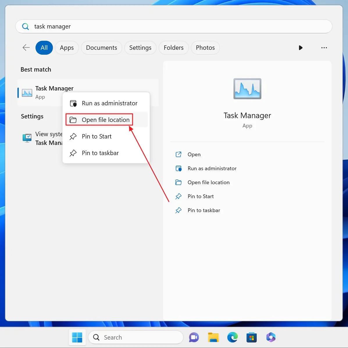 start menu search open file location
