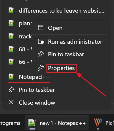 taskbar icon properties contextual menu